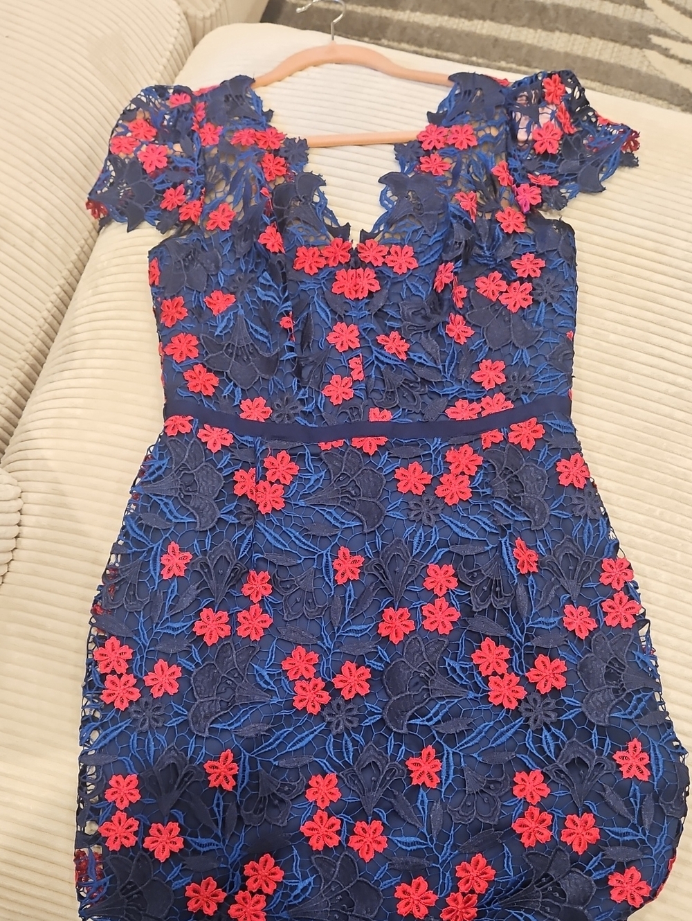 Marchesa Notte Navy Lace Dress with Pink Floral Appliqué